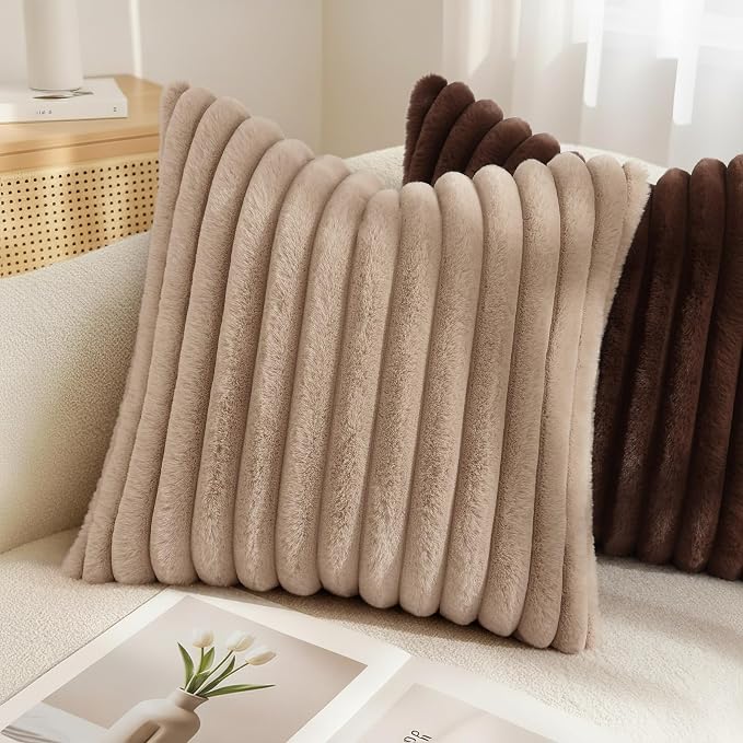 decorUhome Fall Cozy Faux Fur Throw Pillow Covers 18x18 Set of 2 Decorative Soft Plush Striped Modern Farmhouse Boho Couch Pillow Cases with Velvet Back for Sofa Bed Living Room, Khaki Brown