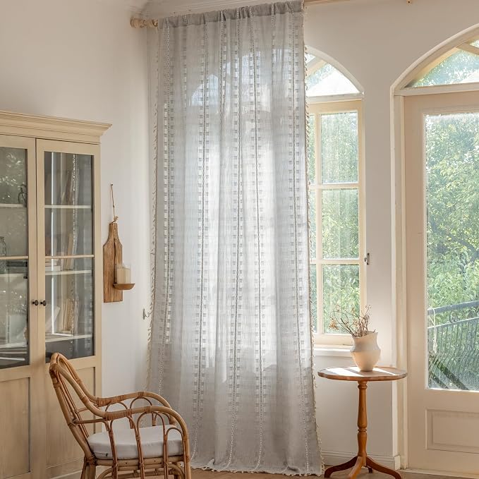Deeprove Silver Grey Boho Curtain 84 inches Length for Living Room Bedroom Nursery Doorway, Cream Bohemian 84 inches Long, Stripe Embroidery Privacy Window Fringe Christmas Decor W52 x L84, 1 Panel