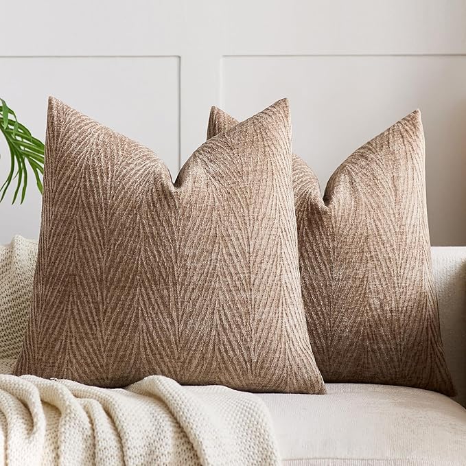 Summer Pillow Covers 16x16 Inch Set of 2, Soft Decorative Throw Pillow Covers with Leaves Texture, Hidden Zipper for Home Sofa Bed Couch (Tan, 16" x 16" (Pack of 2))