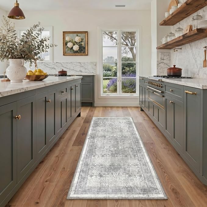 Bavni Washable Rugs 4x6 Machine Washable Rug Lightweight Low Pile, Vintage Floral Rug Non-Shedding Distressed Throw Carpet for Living Room Bedroom Office, Grey Floral