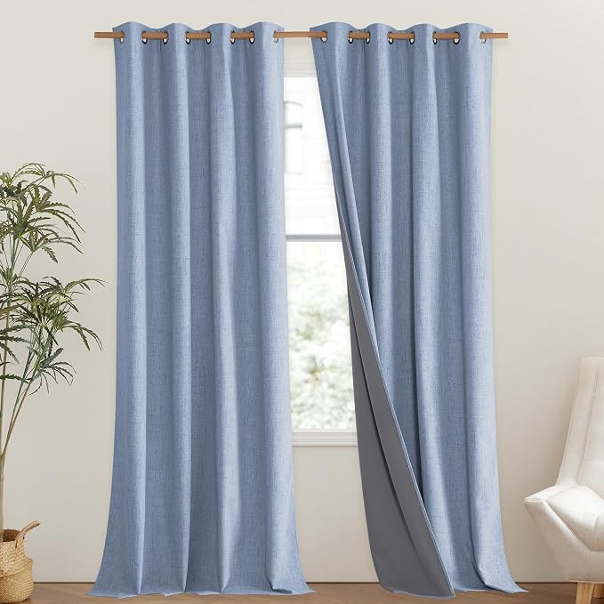 NICETOWN Stone Blue Vintage Linen 100% Blackout Curtains for Living Room, Thermal Insulated Curtains 95" Long, Noise Reducing Window Treatment Drapes for Bedroom, 52" Wide Per Panel, Set of 2