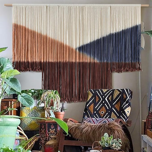 Jakalin Macrame Wall Hanging Geometric Boho Tapestry Dip Dyed With Modern Shapes, 57" W x 39" L Macrame Wall Art for Living Room or Bedroom Decor