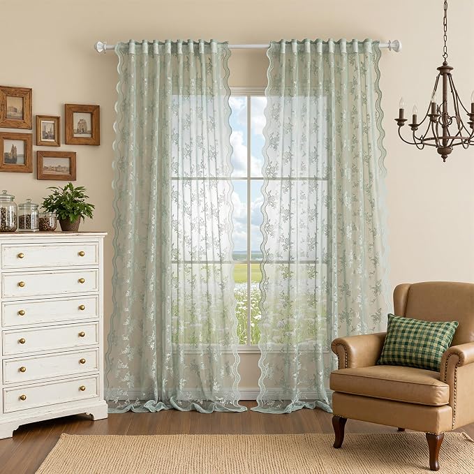 MEETSKY Sage Green Lace Curtains 84 Inch Long, Sheer Spring Curtains for Living Room, Floral Patterned Vintage Light Filtering Curtains for Bedroom, Lace Drapes 2 Panels, Each Panel 50" W x 84" L