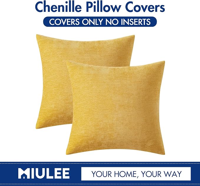 MIULEE Pack of 2 Mustard Yellow Decorative Pillow Covers 20x20 Inch | Soft Chenille Couch Throw Pillows Farmhouse Cushion Covers for Home Decor Sofa Bedroom Living Room