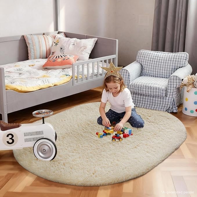 Ophanie 4x6 Oval Ivory Rugs for Bedroom Living Room Washable,Fluffy Fuzzy Furry Carpet,Plush Soft Shaggy Indoor Floor Area Rug for Kids Girls Boys Baby Teen Dorm Decor with Over 99 pcs Pile fibers