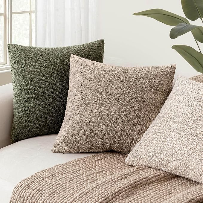 Foindtower Set of 2, Decorative Textured Boucle Throw Pillow Covers Accent Solid Pillow Cases Neutral Cozy Couch Cushion Case for Chair Sofa Bedroom Living Room Home Decor 16x16 Inch Light Khaki Tan