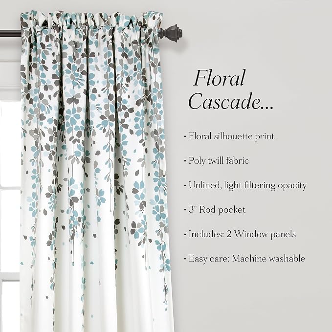 Lush Decor Weeping Flower Light Filtering Window Curtain Panels, Pair, 52"W x 63"L + 2" Header, Blue & Gray - Charming Modern Floral Curtains for Living Room, Dining Room, & Bedroom