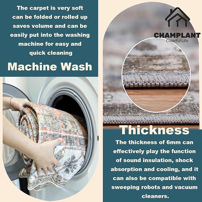 CHAMPLANT Area Rug 6'x9' Red Khaki Washable Vintage Traditional Floor Cover Thin Retro Kitchen Indoor Distressed Non Slip Carpet Floral Area for Living Room Bedroom Dining Room