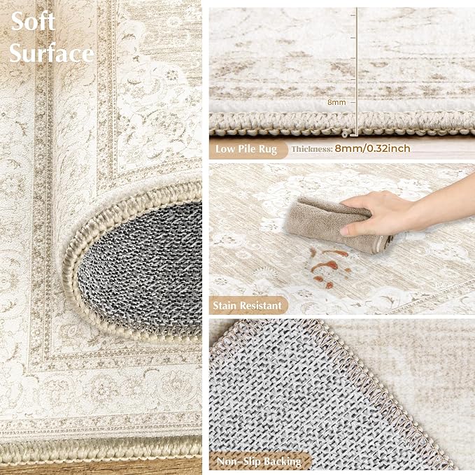 Vintage Living Room Area Rug - 9x12 Large Machine Washable Boho Moroccan Rug Distressed Farmhouse Rugs for Bedroom - Soft Non-Slip Indoor Carpet for Dining Room Office Nursery(Boho Beige, 9'x12')