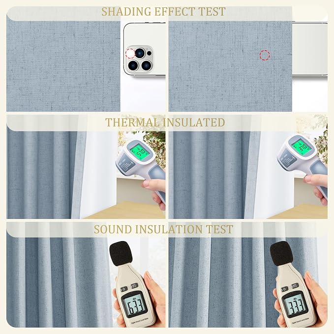 Jowels Blue Linen Blackout Curtains 100 Length 2 Panels Set for Living Room Bedroom, 100% Black Out Thermal Insulated Linen Drapes, Room Darkening Grommet Curtains 100 Inches Long