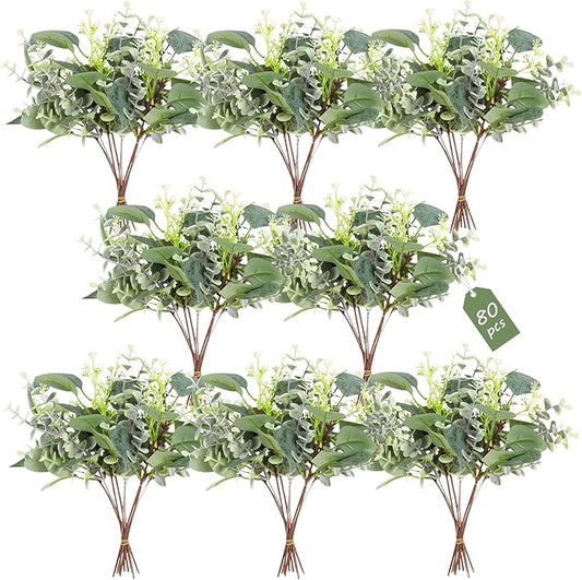 ZeKonan 80 Pcs Mixed Eucalyptus Leaves Stems Bulk Artificial Silver Dollar Leaves for Vase Bouquets Baby Eucalyptus Leaves for Family Wedding Center Flower Arrangement