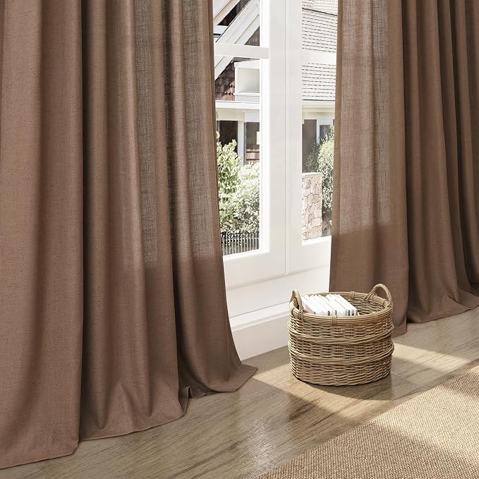 Caramel Brown Linen Curtains 90 Inch Length 2 Panels Set for Living Room Back Tab Rod Pocket Window Drapes Light Filtering Modern Farmhouse Curtain 90 Inches Long for Dining Room Nursery 52x90