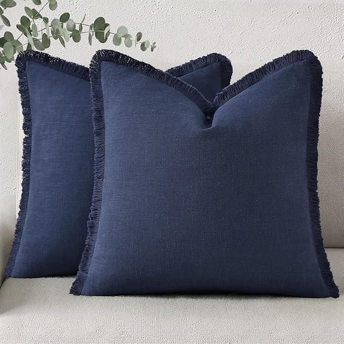 decorUhome Summer Decorative Neutral Linen Fringe Euro Sham Throw Pillow Covers Set of 2 Navy Blue Pillow Covers with Tassels Soft Farmhouse Boho Accent Pillow Cases for Couch Bed Sofa 24x24 Inch