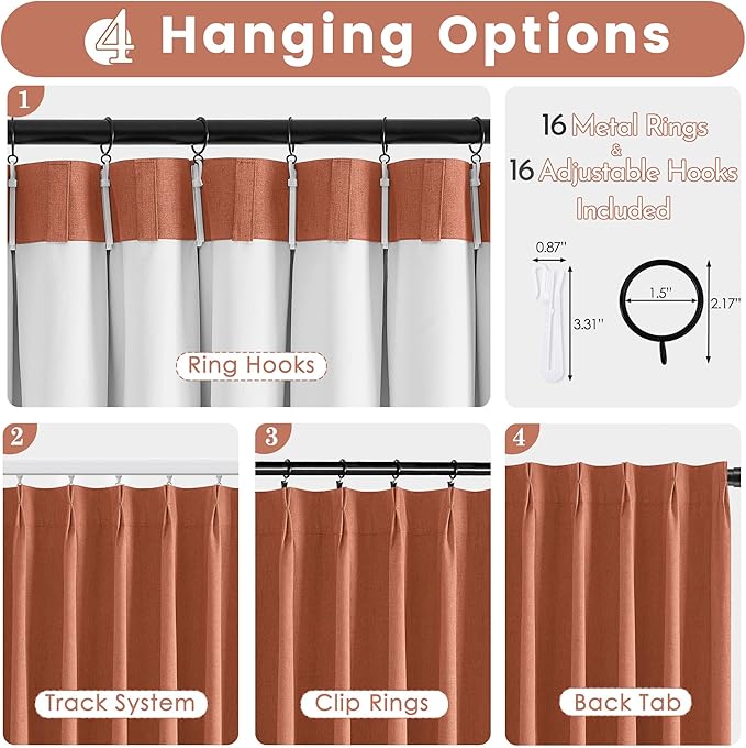 Blackout Curtains 45 Inch Long for Bedroom & Living Room Terracotta Pinch Pleat 100% Room Darkening Noise Reducing Thermal Insulated Linen Drapes, 2 Panels Set with Back Tab