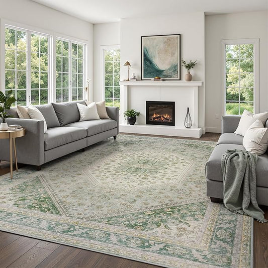 DCX Green 5x7 Area Rug, Machine Washable Non Slip Stain Resistant Vintage Rug for Living Room, Bedroom, Playroom, Soft Low Pile Large Nursery Carpet