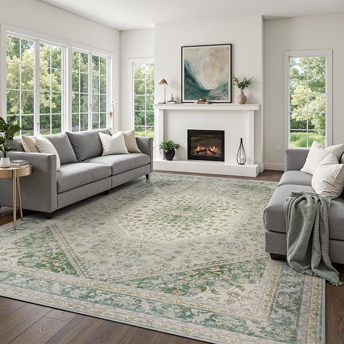 DCX Green 6x9 Area Rug, Machine Washable Non Slip Stain Resistant Vintage Rug for Living Room, Bedroom, Playroom, Soft Low Pile Large Nursery Carpet