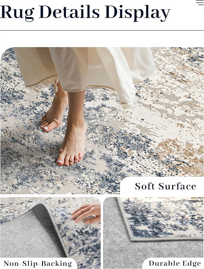 Art&Tuft Washable Rugs 6x9, Anti-Slip Backing Abstract 6x9 Area Rugs, Stain Resistant Rugs for Living Room, Foldable Machine Washable Area Rug (6'x9', Blue)