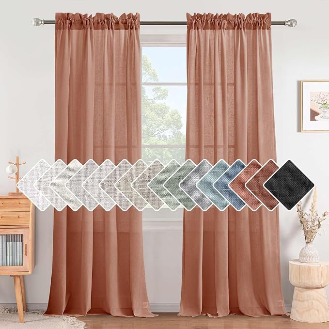 H.VERSAILTEX Linen Curtains Elegant Natural Linen Semi Sheer Curtains Energy Light Filtering Rod Pocket Window Treatments Panels for Living Room (Set of 2, Terracotta, 52 inch W X 96 inch L)