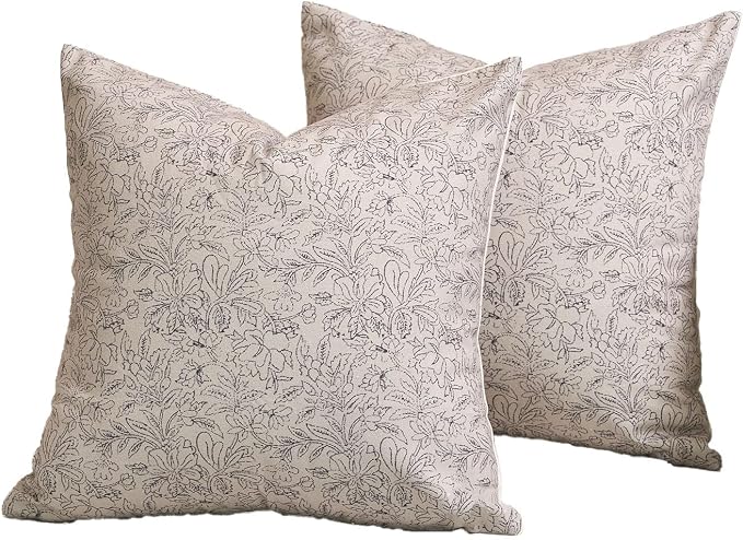 Amor Virisso Floral Throw Pillow Covers 18x18 Set of 2 Vintage Block Print Pillow Covers Decorative Pillow Covers Couch Pillows for Living Room Farmhouse Accent Sofa Pillows, Black/Sand