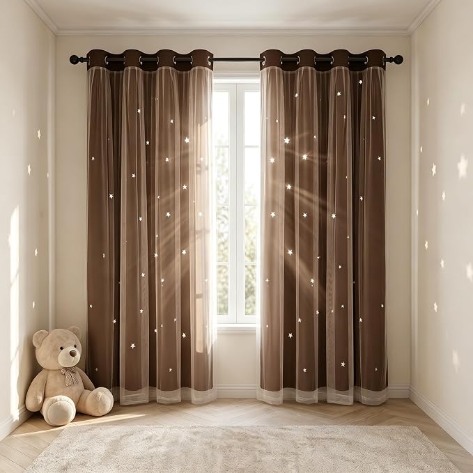 Kids Blackout Curtains for Bedroom/Living Room/Classroom, Sheer Overlay 2 Free Tiebacks, Double Layer Curtains with Star Cutout for Kids Room(Each Piece W 70 x L 72 Inches 2 Pcs Chocolate)