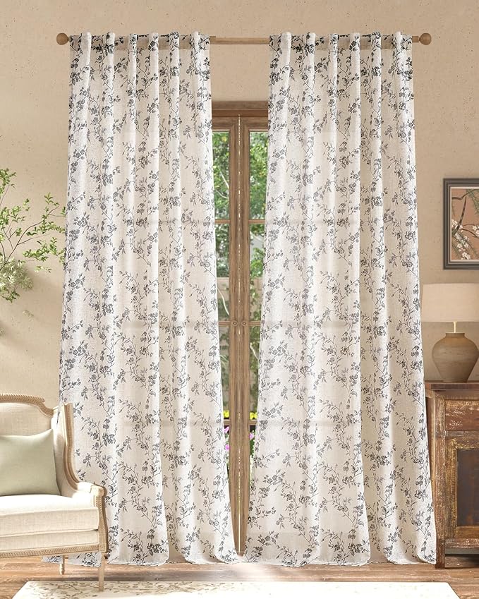 jinchan Black Floral Linen Curtains 96 Inch Farmhouse Back Tab 2 Panels | Flower patterned drapes, french country, printed, privacy, light filtering, bedroom, living room, dining room, home decor