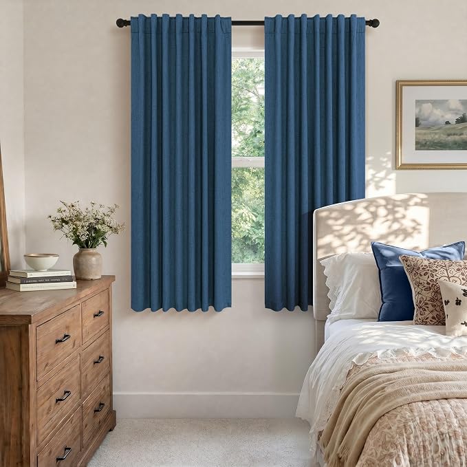 Navy Blue Black Out Curtains 63 Inch Long 2 Panel Burg Linen Textured Thermal Insulated Total Blackout Window Shades Soundproof Dark Out Curtain for Living Room Kids Children Boy Bedroom 63 Length