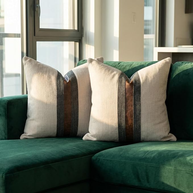 Set of 2 Leather Throw Pillow Covers Cotton Linen Decor Patchwork Pillow Cover Faux Leather Pillows Cover for Couch Sofa Living Room Bedroom,Beige 18"x18"