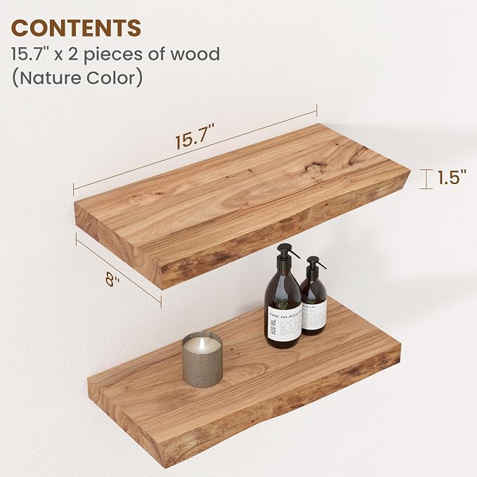 Floating Shelves for Wall, Rustic Solid Elm Wood Live Edge Floating Shelves Wall Mounted, Wall Shelves with Invisible Bracket for Living Room Bedroom Bathroom Kitchen, 15.7 Inch Set of 2, Natural