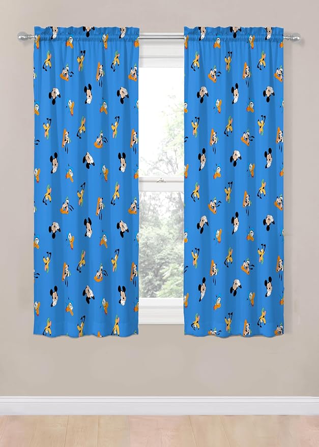 Jay Franco Window Curtains for Kids Bedroom 4-Piece Drape Set with 2 Tiebacks, Blue - Mickey Mouse, 42" W x 63" L (Pack of 2)