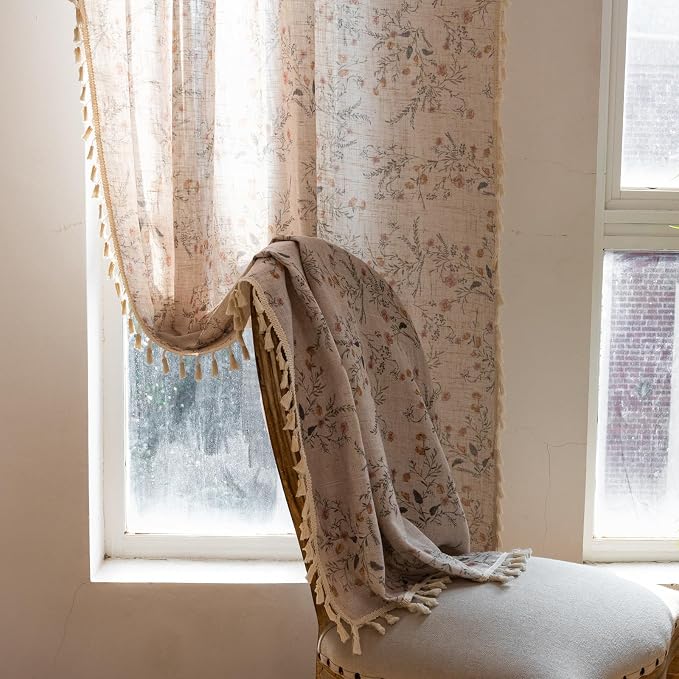 OYX Boho Floral Curtains 63 Inch, Farmhouse Wildflower Drapes with Tassels, Linen Textured Light Filtering Semi Sheer Curtains for Living Room Bedroom, 2 Panels, Rod Pocket, 52Wx63L