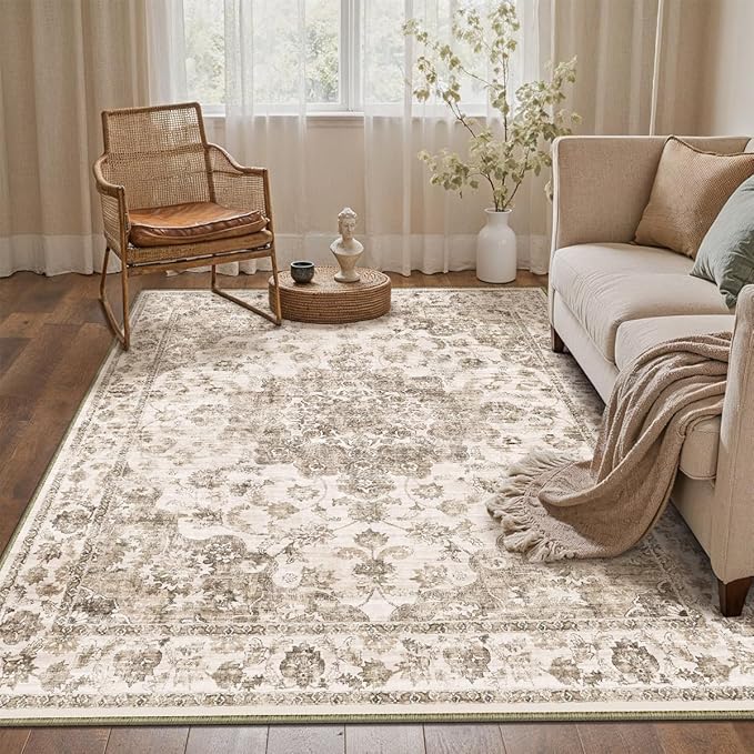 3x5 Washable Neutral Area Rug Brown Vintage Entryway Office Carpet Non-Slip Soft Low Pile Farmhouse Throw Rug for Entrance Living Room Bathroom Dining Room