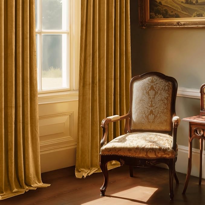 StangH Mustard Gold Velvet Curtains - Soft Light Blocking Drapes for Living Room Sliding Door, Energy Efficient Window Curtains, Vibrant Fall Home Decor, W52 x L105, 2 Panels