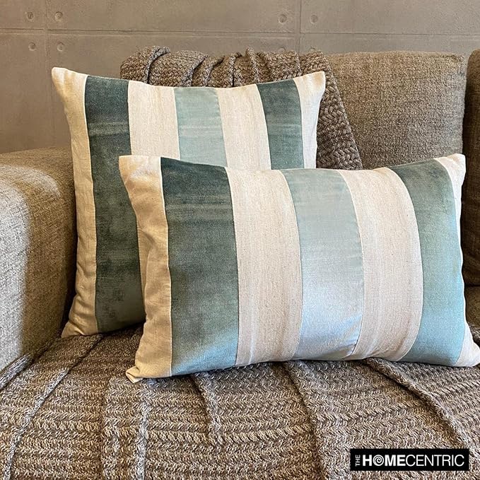 The HomeCentric Decorative Throw Pillow Cover Blue Pack of 2, 18"x18" (45x45 cm) Velvet Striped and Linen Cushion Covers for Couches and Sofas, Patchwork Modern Cushion Cover Style - Velvet Band Ice