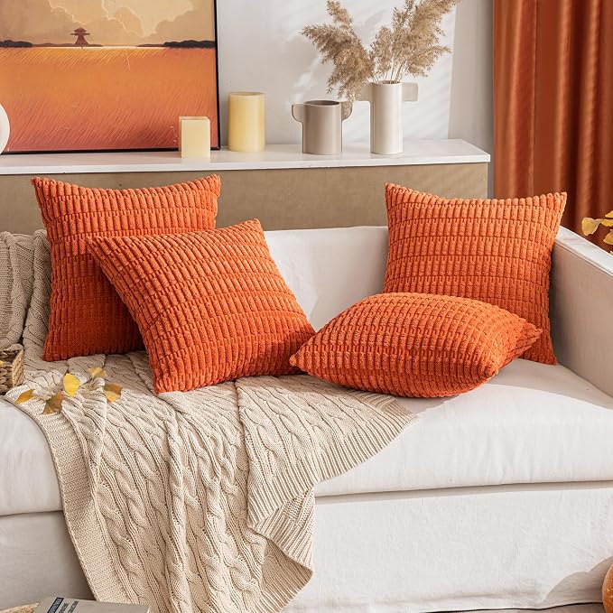 MIULEE Fall Pack of 2 Orange Corduroy Decorative Lumbar Pillow Covers 20x12 Inch Soft Boho Striped Throw Pillow Covers Modern Farmhouse Home Decor for Sofa Living Room Couch Bed