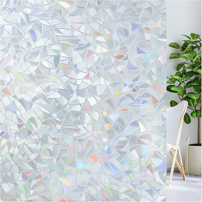 LUTE Window Privacy Film, Rainbow Window Flim, 3D Decorative Stained Glass Cling, Non-Adhesive Vinyl Static Cling UV Blocking Heat Control One Way Glass Covering for Home, Silver, 23.6 x 78.7 inches