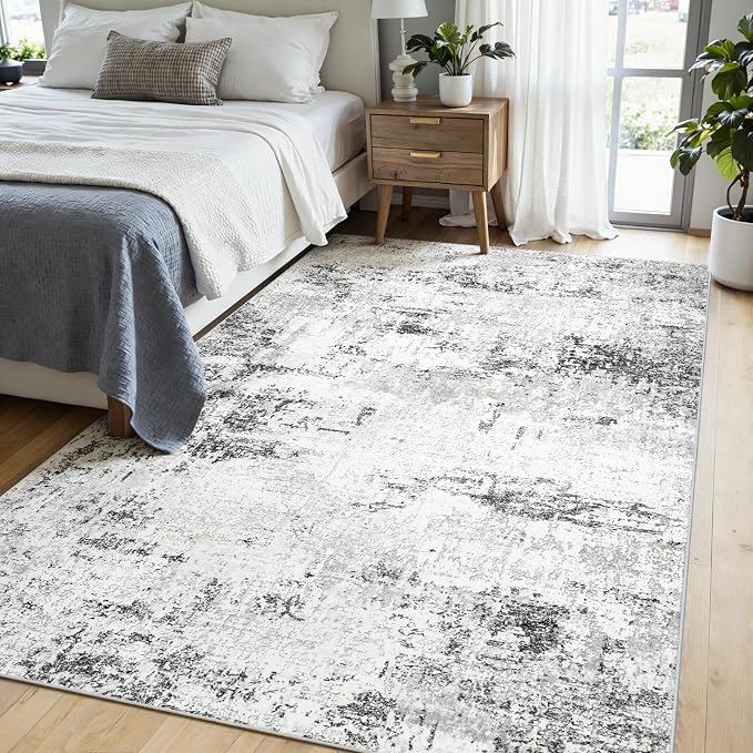 Area Rugs 5x7 Living Room: Large Modern Abstract Washable Rug Soft Anti-Skid Non-Shedding Carpet Indoor Floor Thin Carpets for Bedroom Dining Room Farmhouse Nursery Home Office White Grey Black