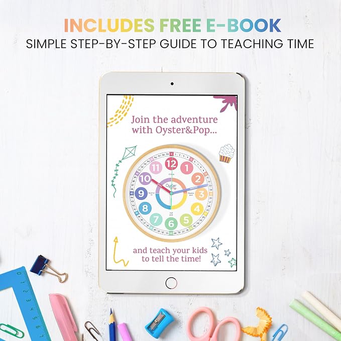 Oyster&Pop Kids Clock - Silent 14" Analog Learning Wall Clock - Award-Winning Telling Time Teaching Clock for Kids - Large for Classrooms Homeschool & Bedrooms - Includes eBook