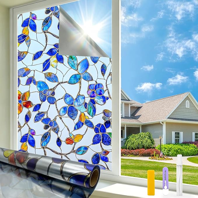 Countewol Privacy Window Film Upgraded 24H Day & Night Privacy Heat Insulation Static Cling Decorative Glass Film（Upgraded UV Purple, 17.5 X 78.7 in