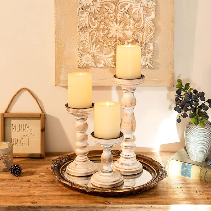 Wooden Pillar Candle Holder: Rustic White Candle Stand Wood Distressed Candleholders Farmhouse Fall Decor for Christmas Fireplace Mantle Dining Table Living Room Shelf Set of 3