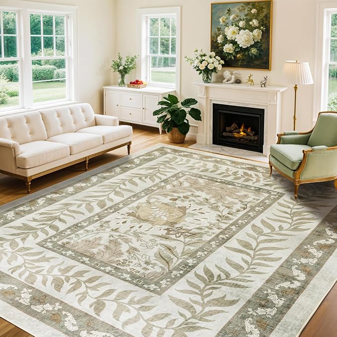 LIANLAM Washable Rug 9x12 Area Rugs for Living Room - Stain Resistant Non-Slip Backing Floral Design Rug for Bedroom,Durable & Ultra-Thin Vintage Large Area Rug(9x12,Beige)