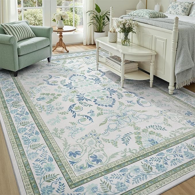 DCX Green 8x10 Rug, Kid & Pet Friendly with Rubber Back Non Slip, Machine Washable Stain Resistant Botanical Floral Rug for Living Room, Bedroom, Soft Low Pile Large Nursery Carpet