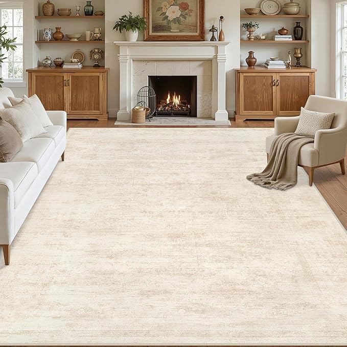 10x12 Area Rug for Living Room: Vintage Boho Neutral Washable Rug Indoor Soft Large Area Rug Carpet for Bedroom Nursery Farmhouse Dining Room Office Floor Non-Slip Low Pile Under Table Rug Retro Beige