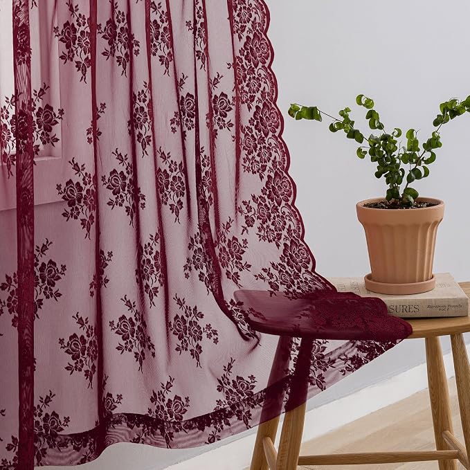 Kotile Burgundy Lace Curtains Short 30 Inch Length 2 Panels Cottagecore Floral Maroon Sheer Kitchen Curtains Over Sink, Rod Pocket Privacy Light Filtering Window Lace Cafe Curtain, 42 x 30 Inch