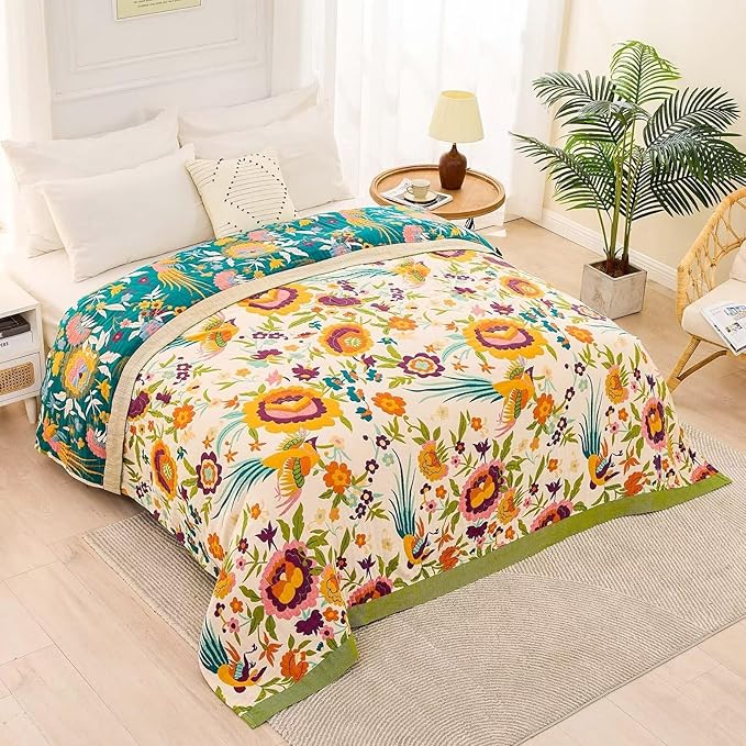 XIBLC Boho Throw Blanket for Bed, 100% Cotton Soft Rustic Quilt Fall Blanket, 60"x80" Floral Printed Farmhouse Decor Bed Blankets, All Season Rustic Reversible Bohemian Throw Quilt
