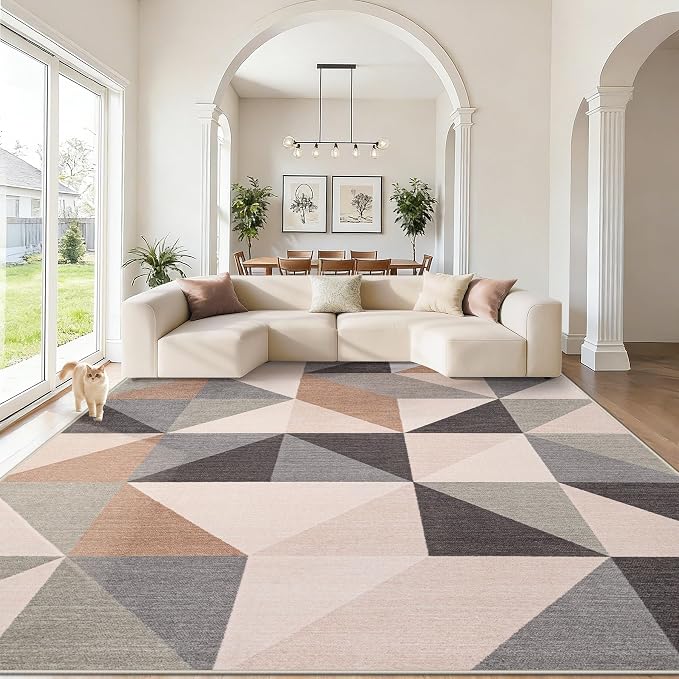 Washable Rug 8x10 Area Rugs: Modern Geometric Area Rug for Living Room Non-Slip Neutral Soft Carpet Low Pile Stain Resistant Indoor Rugs for Bedroom Nursery Dining Room Office (Beige Brown, 8'X10')