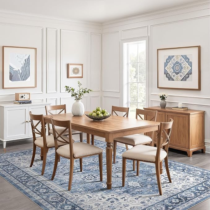 10x12 Area Rug Living Room: Washable Boho Large Neutral Vintage Soft Rug Stain Resistant Farmhouse Non-Slip Indoor Floor Retro Carpet for Bedroom Nursery Kids Office Dining Room- Blue Gray
