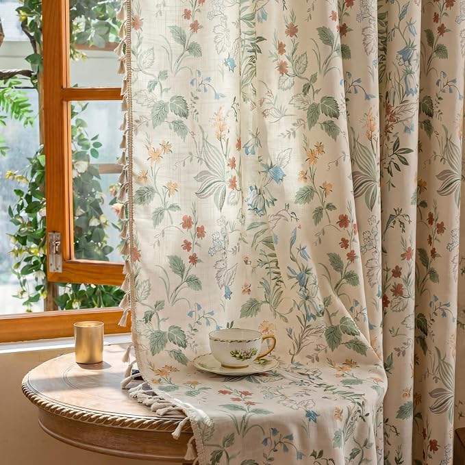 OYX Boho Floral Curtains 63 Inch, Linen Farmhouse Flower Drapes with Lace & Tassels, Light Filtering Semi Sheer Curtains for Living Room Bedroom, 2 Panels