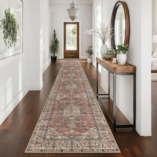 KUTA Vintage Washable Runners for Hallways 2.6x16, Non-Slip 16ft Extra Long Kitchen Runner Rug, Terracotta Ultra Soft Printed Medallion Stair Runners Indoor for Bedroom