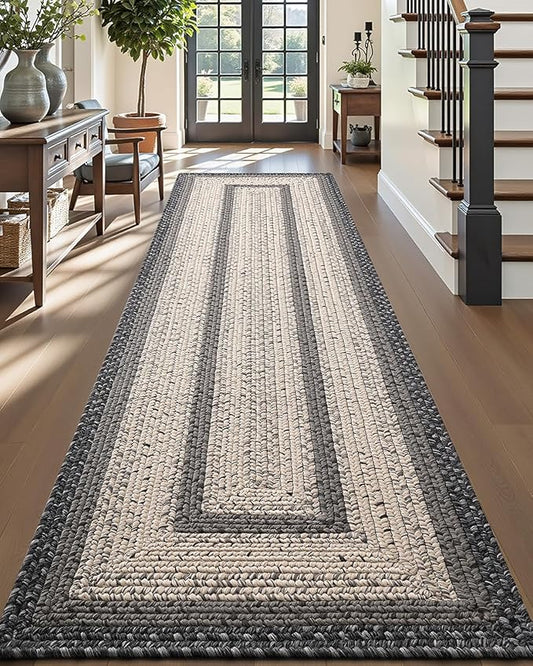 DEXI Woven Hallway Runner Rug, 3x8 Rustic Braided Vintage Carpets, Non Slip Indoor Outdoor Farmhouse Floor Rugs for Entryway, Kitchen, Laundry Room, Black/Ivory