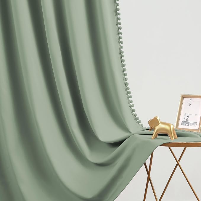 Light Green Pom Poms Blackout-Curtains 95 inch Bedroom Window Curtains for Living Room Triple Weave Half Blackout Window Curtains for Hotel Guest Room Drapes 52"w x2 Panels Rod Pocket Sage
